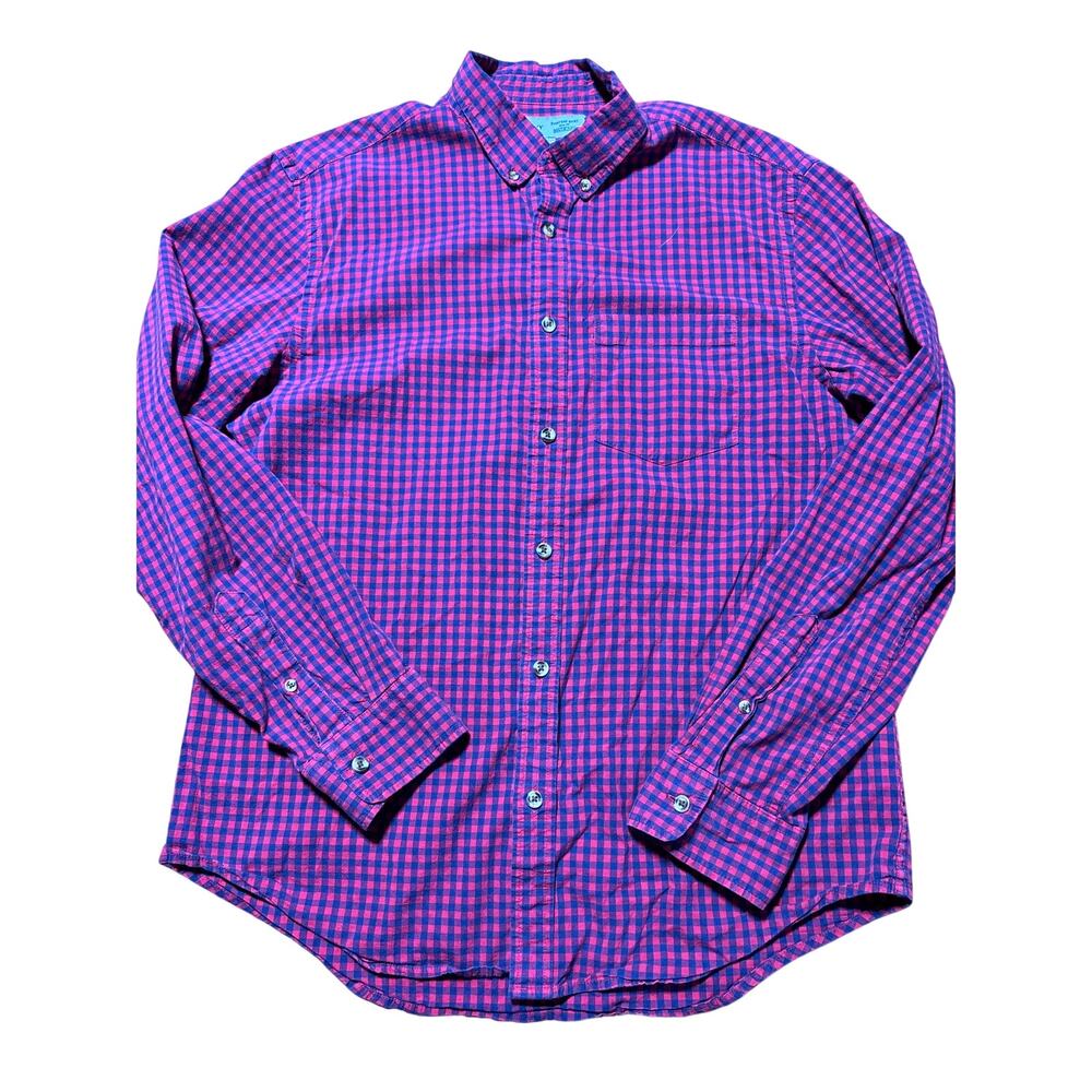 Old Navy Mens L Red & Navy Blue Gingham Everyday Slim Fit Dress Shirt